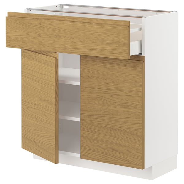 Modern kitchen unit: METOD with oak-gray voxtorp fronts, minimalist design, light wood and white, rectangular.