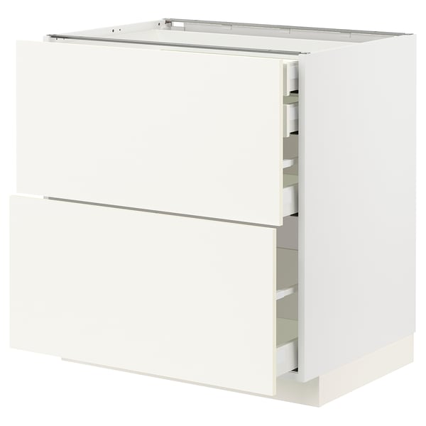 White METOD kitchen cabinet with vallstena fronts, featuring two drawers and a smooth, rectangular design.