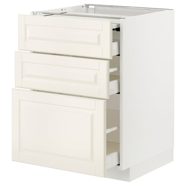 A white METOD kitchen cabinet with multiple drawers. It a traditional design with bevelled edges, offering storage and organisation.