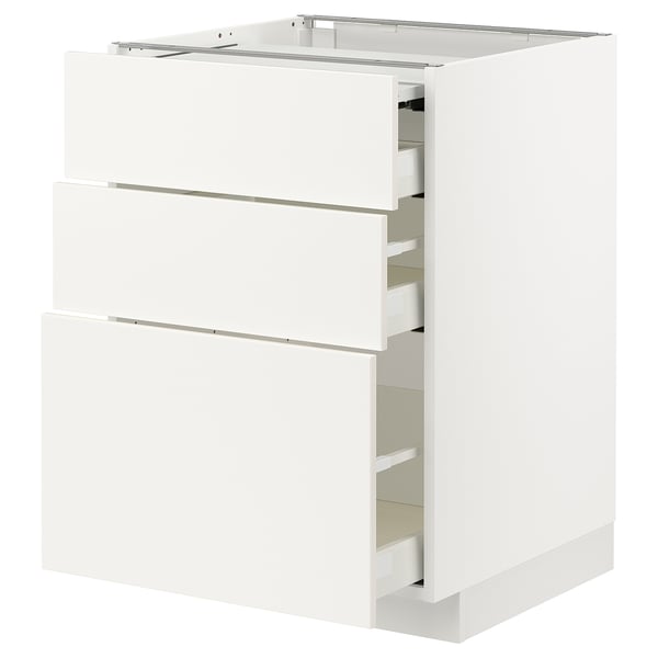 White METOD kitchen cabinet with 3 drawers and pull-out work surface.