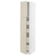 A tall, white METOD kitchen cabinet with beige havstorp fronts. It has multiple shelves and a smooth, rectangular shape.