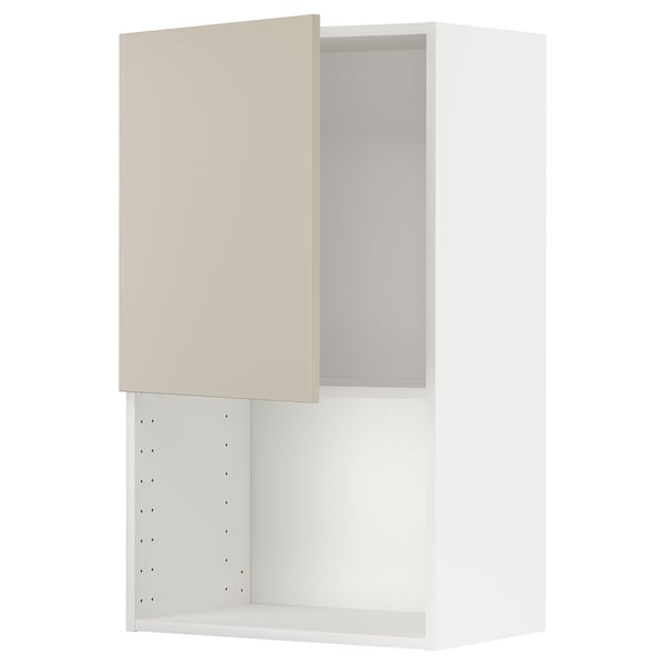Beige METOD kitchen cabinet with white frame and open door.