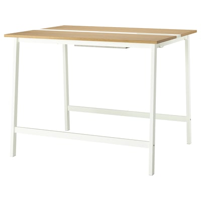 Modern conference table, light oak top, white steel legs, sit/stand.