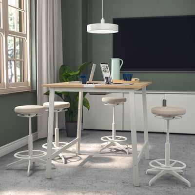 MITTZON conference table with 4 stools, oak veneer, white legs, soft window light.