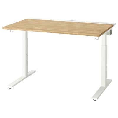 MITTZON desk: oak top, white legs, adjustable height, modern design.