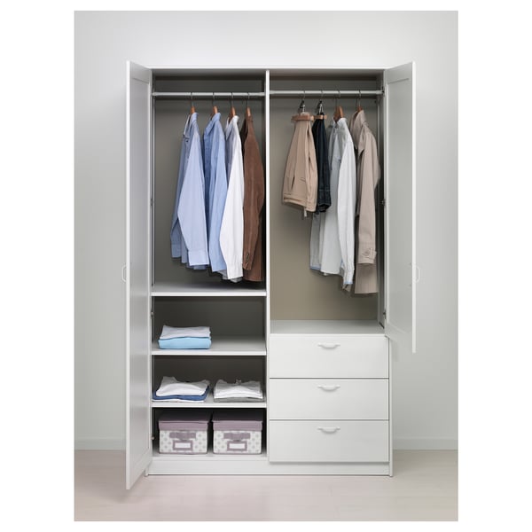 White wardrobe with hanging clothes, drawers, and shelves, featuring soft-close doors and adjustable compartments.