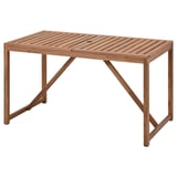 NÄMMARÖ wooden outdoor table, natural brown, rectangular, slatted top, sturdy x-leg design.