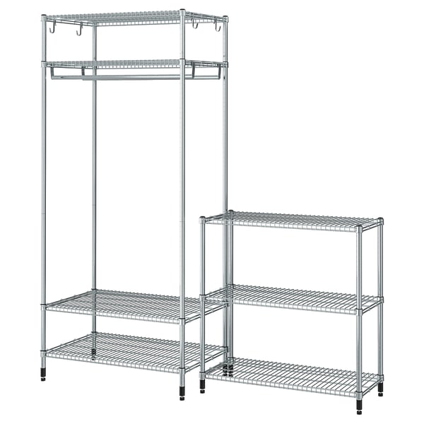 OMAR metal storage shelves - silver, adjustable, 3-tier, 2-shelves with rail, hooks, modern design.