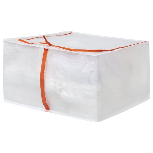 A white PÄRKLA storage bag with orange accents and a zip. Its rectangular and made of recycled materials.
