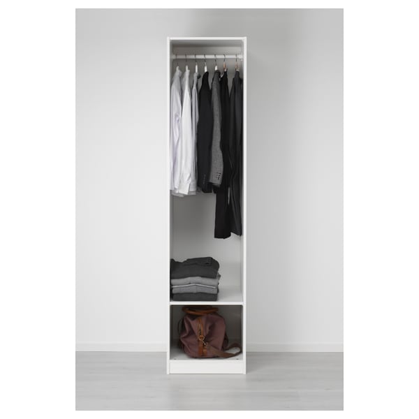Modern wardrobe stores clothes. Hangs shirts; stacks folded items. Wall-mountable, with dampened hinges.