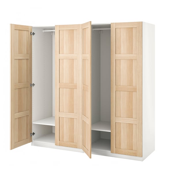 Light wood wardrobe with four open doors, white shelves, and hanging rods, standing on a white base.