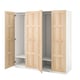 Light wood wardrobe with four open doors, white shelves, and hanging rods, standing on a white base.