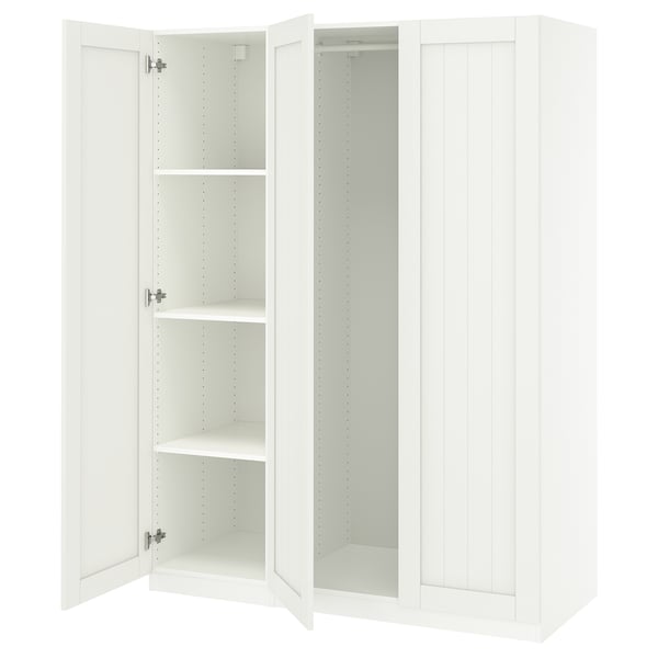 White PAX wardrobe with open doors, showing shelves.