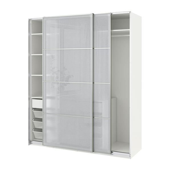 A white PAX wardrobe with sliding frosted glass doors and shelves inside.