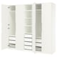 White PAX wardrobe, open showing shelves and drawers.