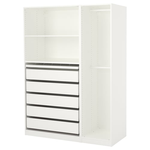 A white IKEA PAX wardrobe with multiple shelves and drawers for organised storage.