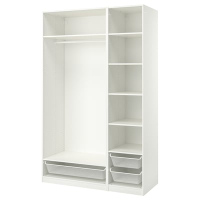 A white PAX wardrobe with shelves and mesh baskets, offering organised storage.