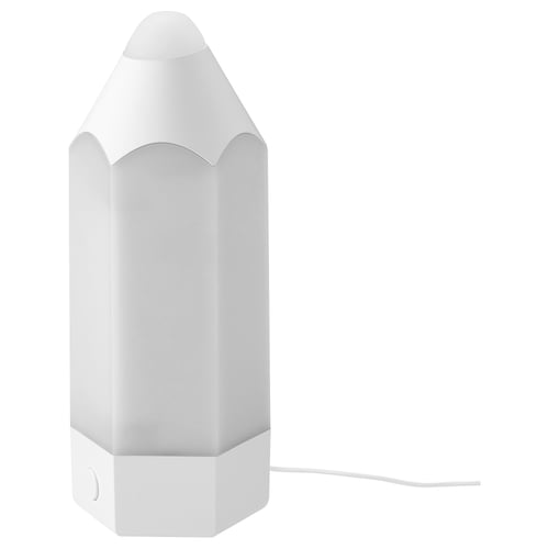 White PELARBOJ lamp, cylindrical shape, hexagonal base, soft light.