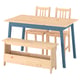 PINNTORP dining set: light blue table, 2 chairs, pine bench in natural finish— ideal for small spaces with rustic charm.