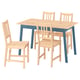 Blue and wood pine dining set with 4 chairs and 1 table for 4 people, simple and solid design.