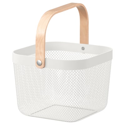 The RISATORP white metal and wood basket is a versatile storage organiser with a wooden handle and mesh design.