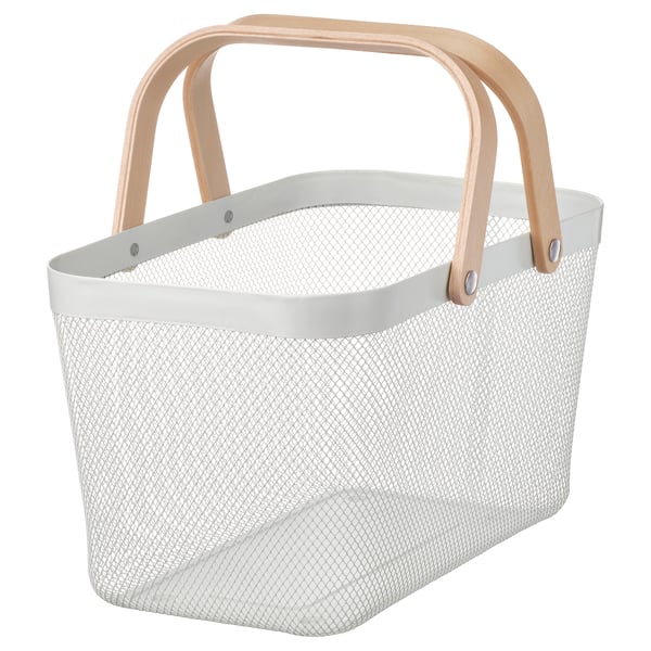 A white RISATORP storage basket with wooden handles. It has a rectangular shape and mesh design for visibility.