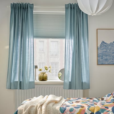 RITVA Curtains with tie-backs, 1 pair, grey-blue/with heading tape, 145x225 cm