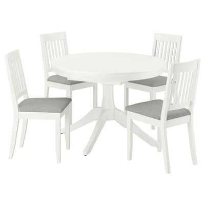 White ROSENTORP dining set: round table, 4 upholstered chairs.