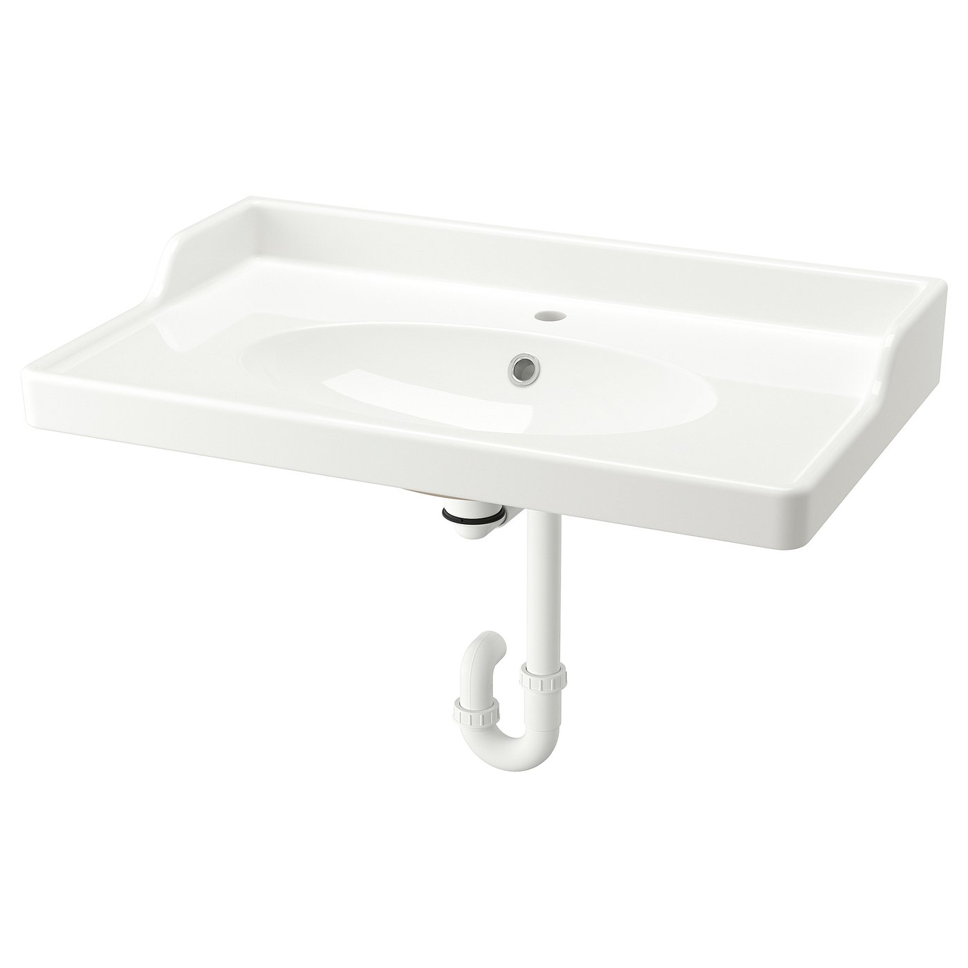 White RUTSJÖN basin with raised backsplash and integrated water trap.