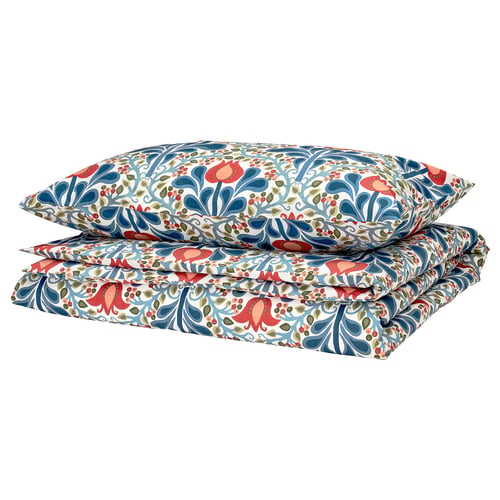 SÄTERVIDE duvet set, blue-red floral, rectangular, cotton/lyocell.