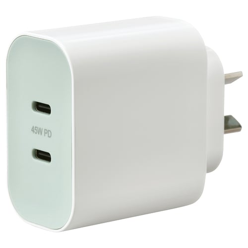 White 45w usb-c charger with dual ports, slim design for easy travel.