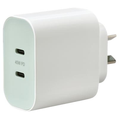 White 45w usb-c charger with dual ports, slim design for easy travel.
