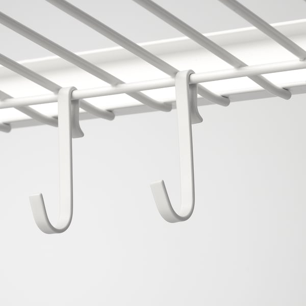 White wire shelf with j-hooks for organising items, durable construction.