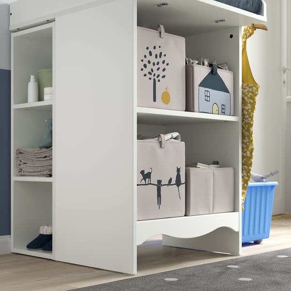 White changing table with shelves and storage bins, part of SMÅGÖRA series, featuring organised storage and safety design.
