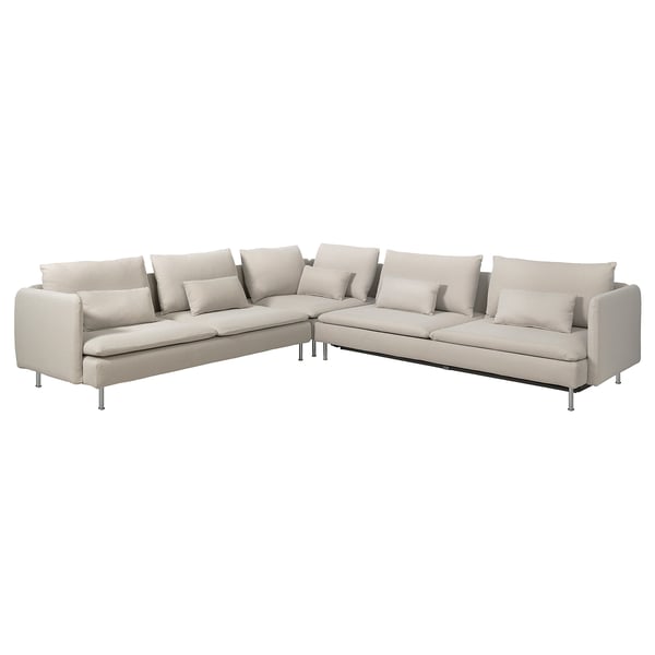 A modern light grey corner sofa bed with sleek design and metal legs.