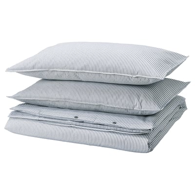 Stack of 3 blue-striped pillows. Modern rectangular shape, cotton material.