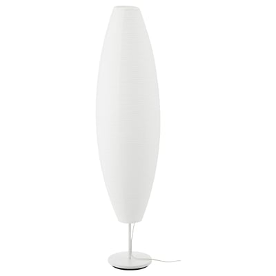 A tall, white, cylindrical floor lamp named SOLLEFTEÅ. Its design a double-layered rice paper shade for diffused light.