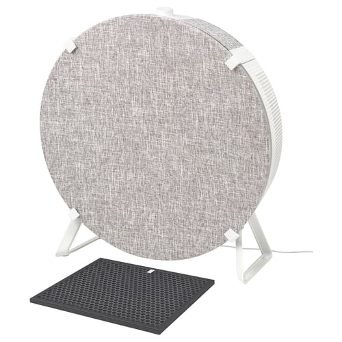 A round IKEA STARKVIND air purifier in grey with a white frame and a separate black air philtre.