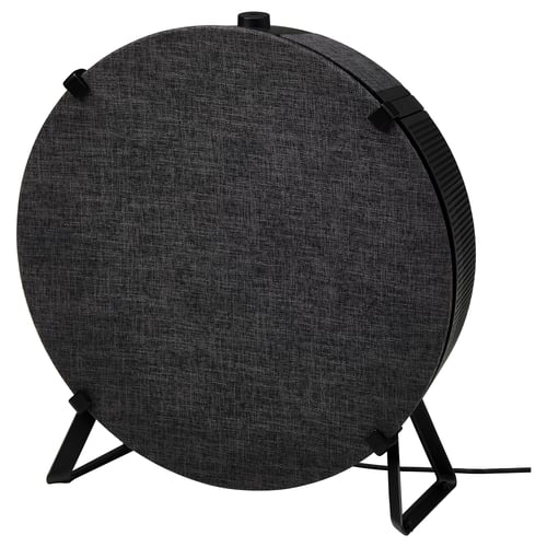 Dark grey, round air purifier on black stand, modern design.