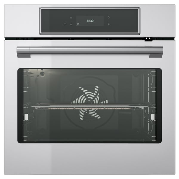 Modern stainless steel built-in oven with digital display and air fry feature.