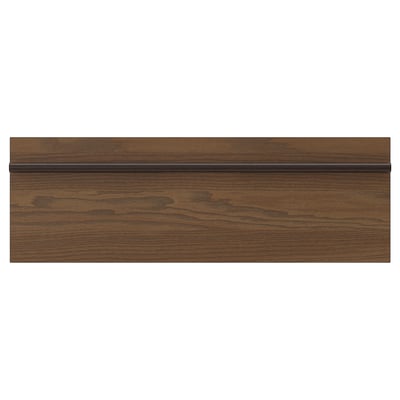 Stensa kitchen cabinet in dark brown wood with linear grain, solid wood handle across front.