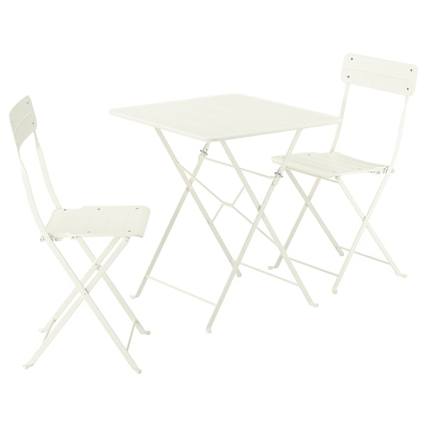 Three-piece white metal outdoor furniture set, including a square table and two foldable chairs. Perfect for small spaces and easy to store.