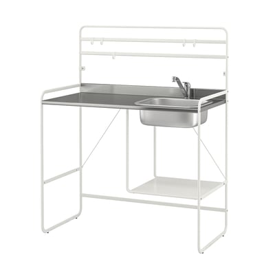 SUNNERSTA mini kitchen: white metal frame, stainless steel sink, adjustable feet.