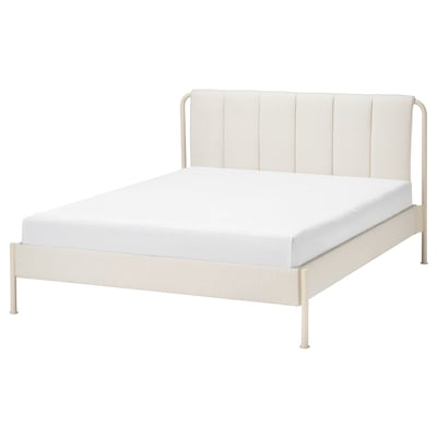 A TÄLLÅSEN bed in light beige, featuring a padded headboard and metal frame.