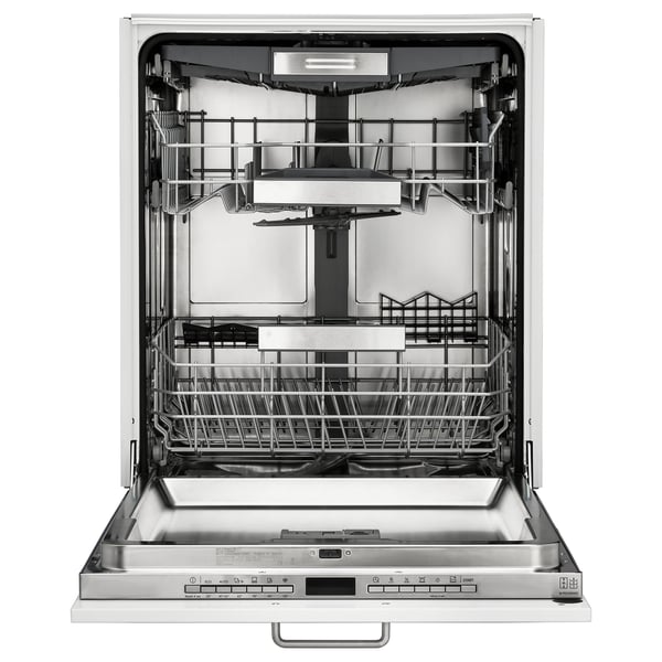 Open stainless steel dishwasher with racks and controls.