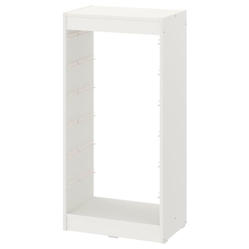 A white TROFAST storage frame, rectangular, made of paper foil, and particleboard, designed for flexible, modular organisation.