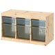 TROFAST light wood storage unit with blue mesh bins.