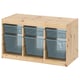 A TROFAST light wooden storage unit with blue mesh bins; suitable for organising items.