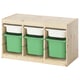 TROFAST storage in natural wood with green and white bins. Rectangular, organised.