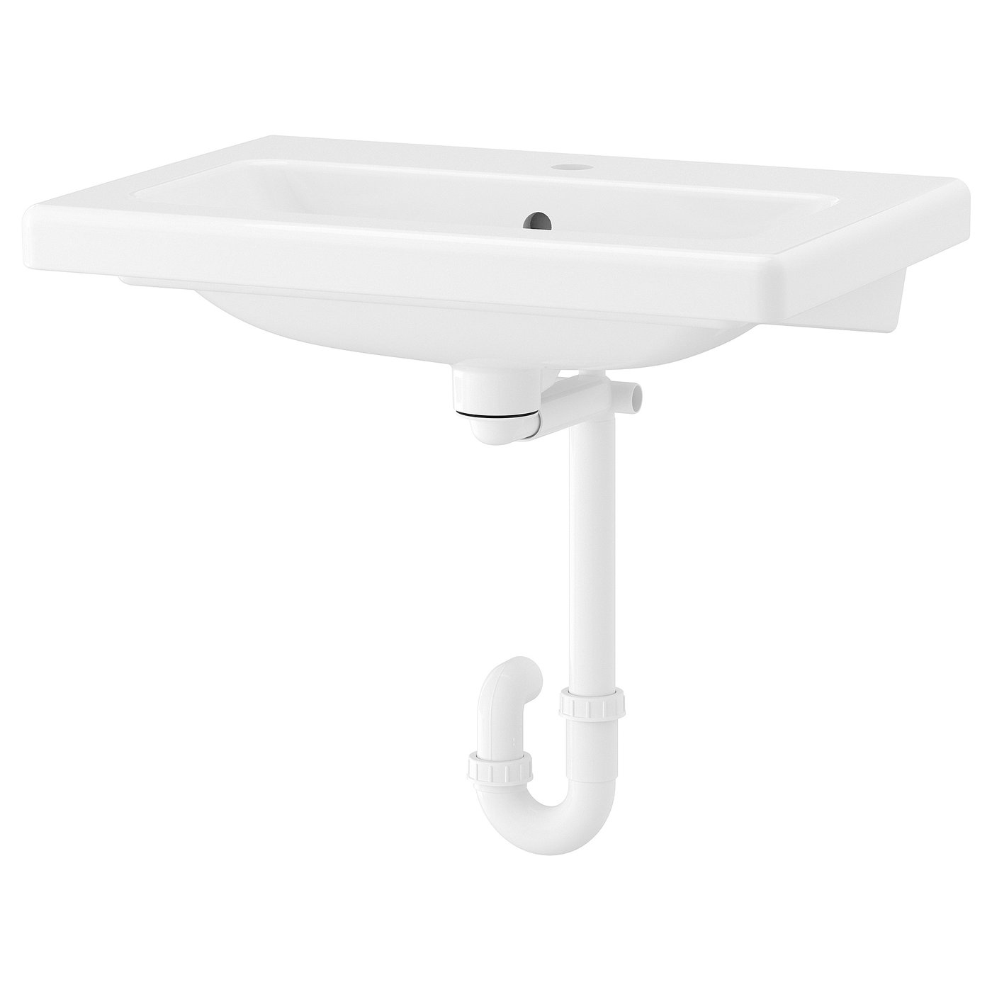 A white TVÄLLEN wall-mounted sink with a single bowl and visible plumbing, featuring a modern design.